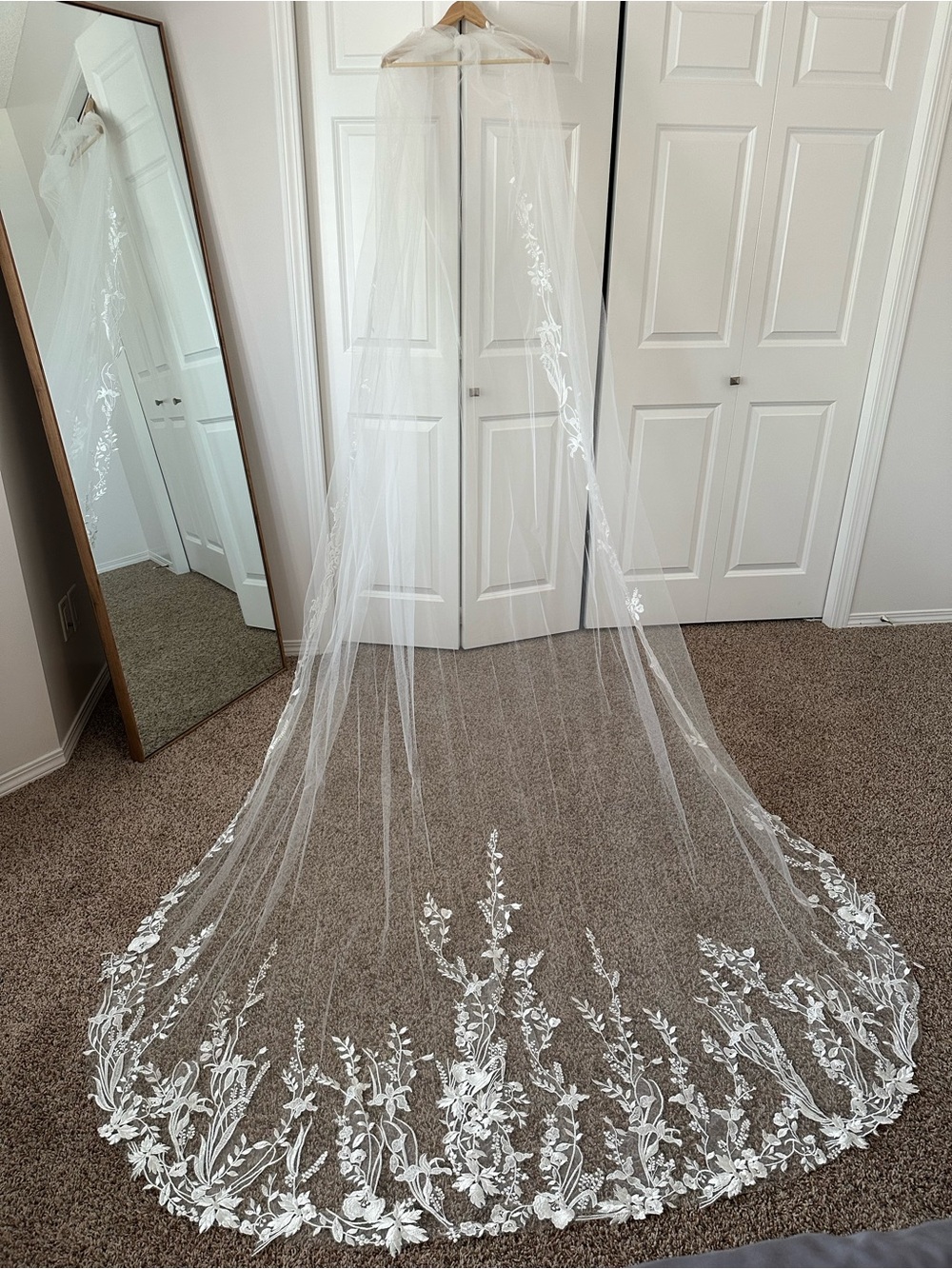 Long White Floral Lace Cathedral Veil